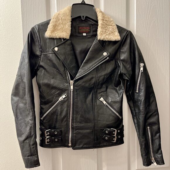 PeleCheCoco Hepburn Leather Jacket XS Sherpa Collar Anthropologie Pelé Che Coco